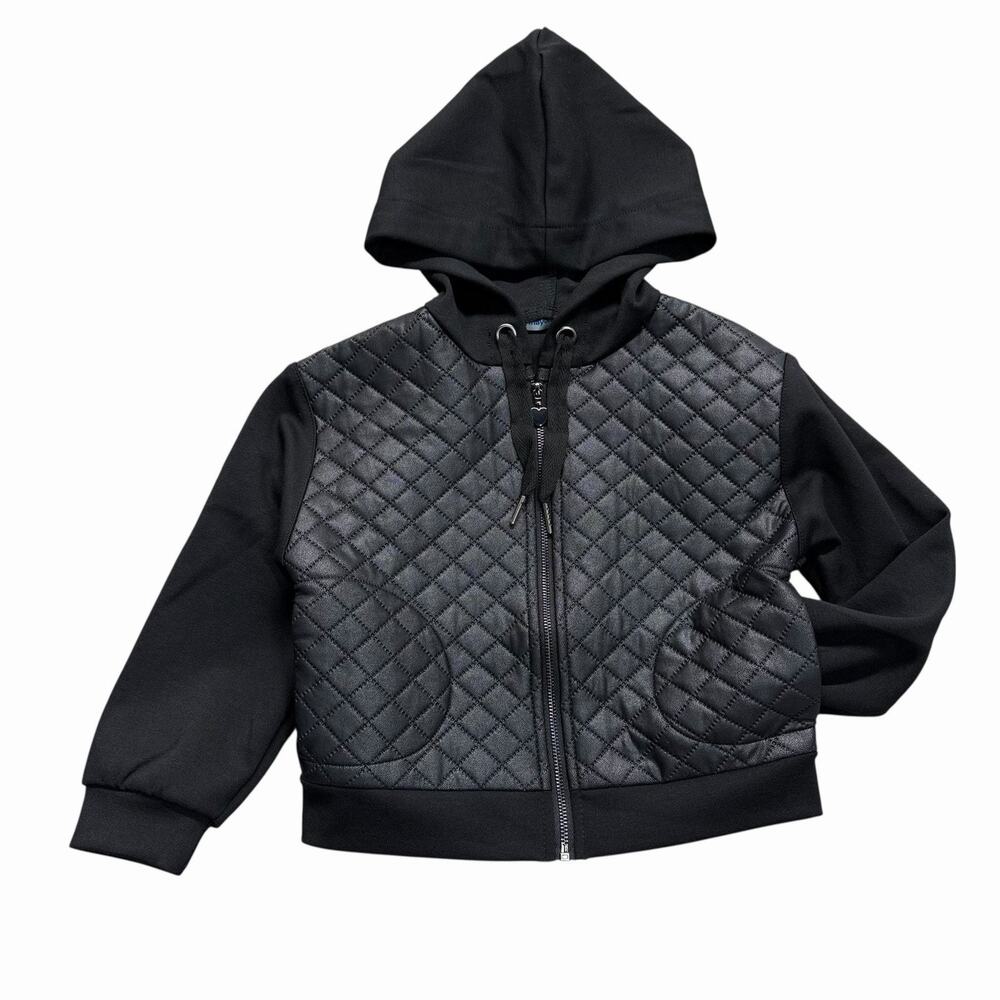 Mayoral Boys Black Quilted Faux Leather Hooded Zip Jacket Sz 4 Pockets
